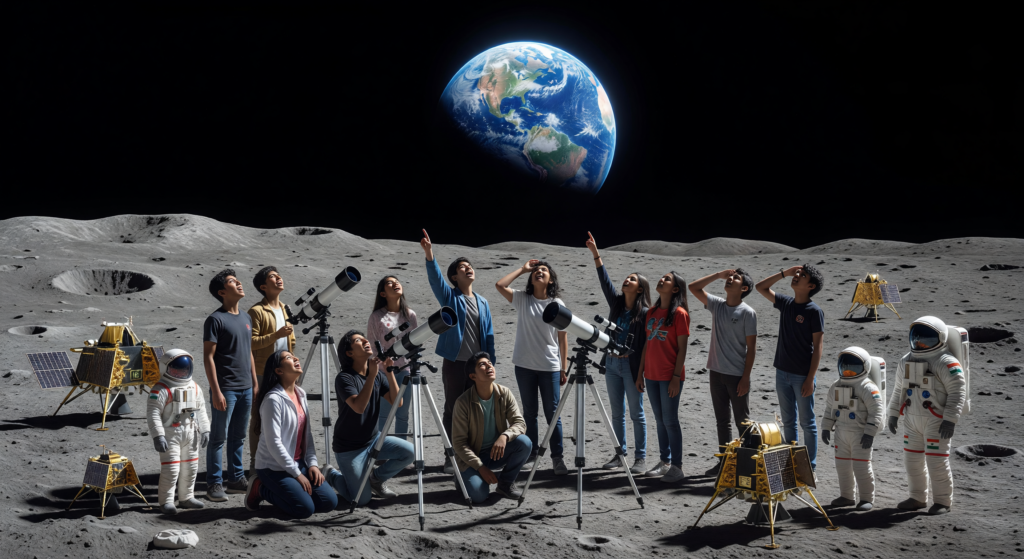 The Artemis II Mission: India's Role in Lunar Exploration Indian teenagers observing the moon with telescopes, representing India's involvement in lunar exploration.