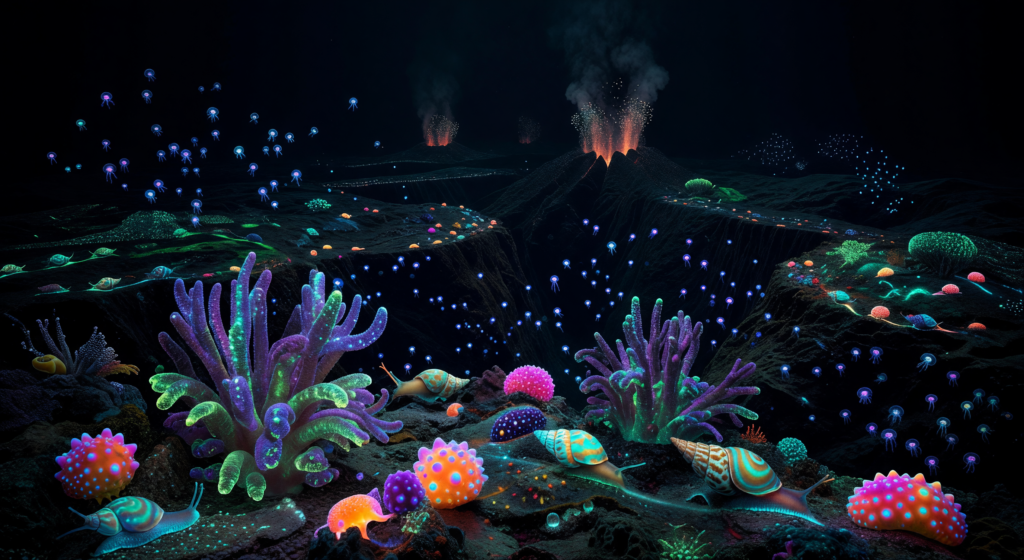 Unveiling the Secrets of the Deep: Discovering New Species in the Ocean Depths A vibrant deep-sea environment with newly discovered marine species and bioluminescent creatures.