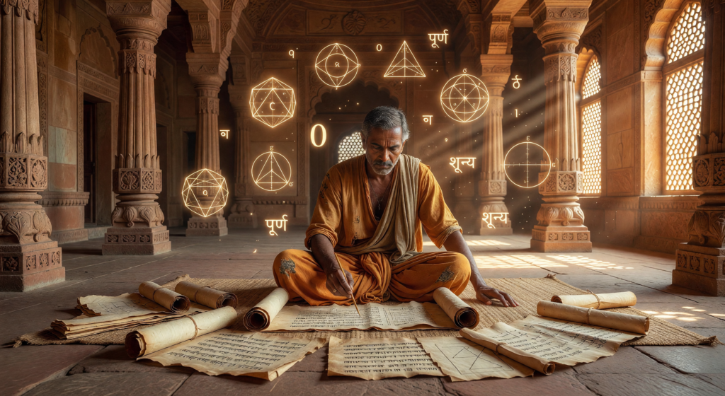 From India to the World: The Journey of Numbers Ancient Indian mathematicians, including Brahmagupta, exploring numbers and mathematics.