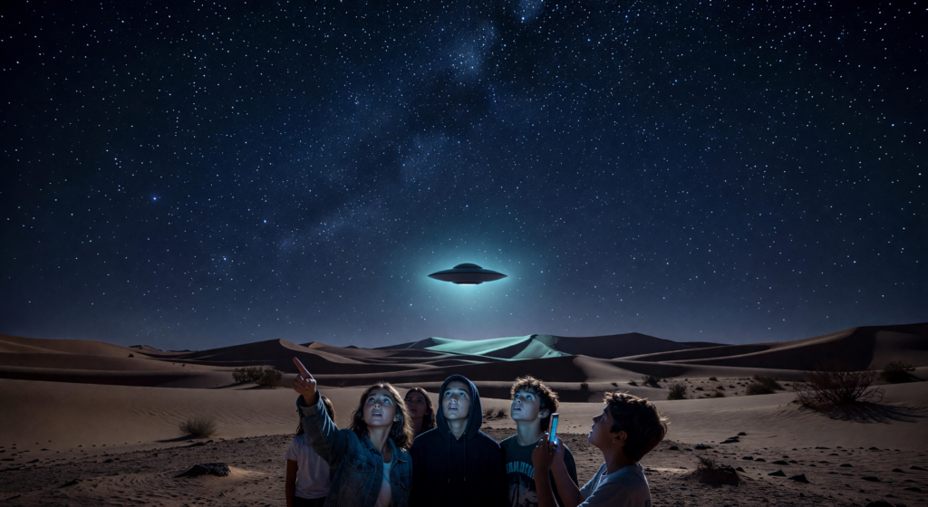 Unveiling the Truth: What the Pentagon's Latest UFO Files Reveal Teenagers gazing at a UFO in a starry night sky over a desert landscape.