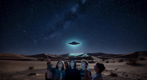 Teenagers gazing at a UFO in a starry night sky over a desert landscape.